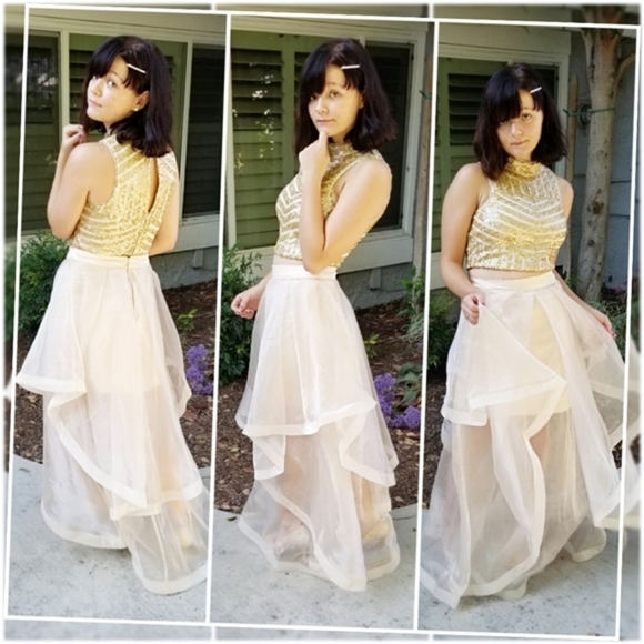 Social Code ✦ Champagne Skirt Set ✦ Sequin Halter Crop + Ruffle Chiffon High-Low - Picture 9 of 16
